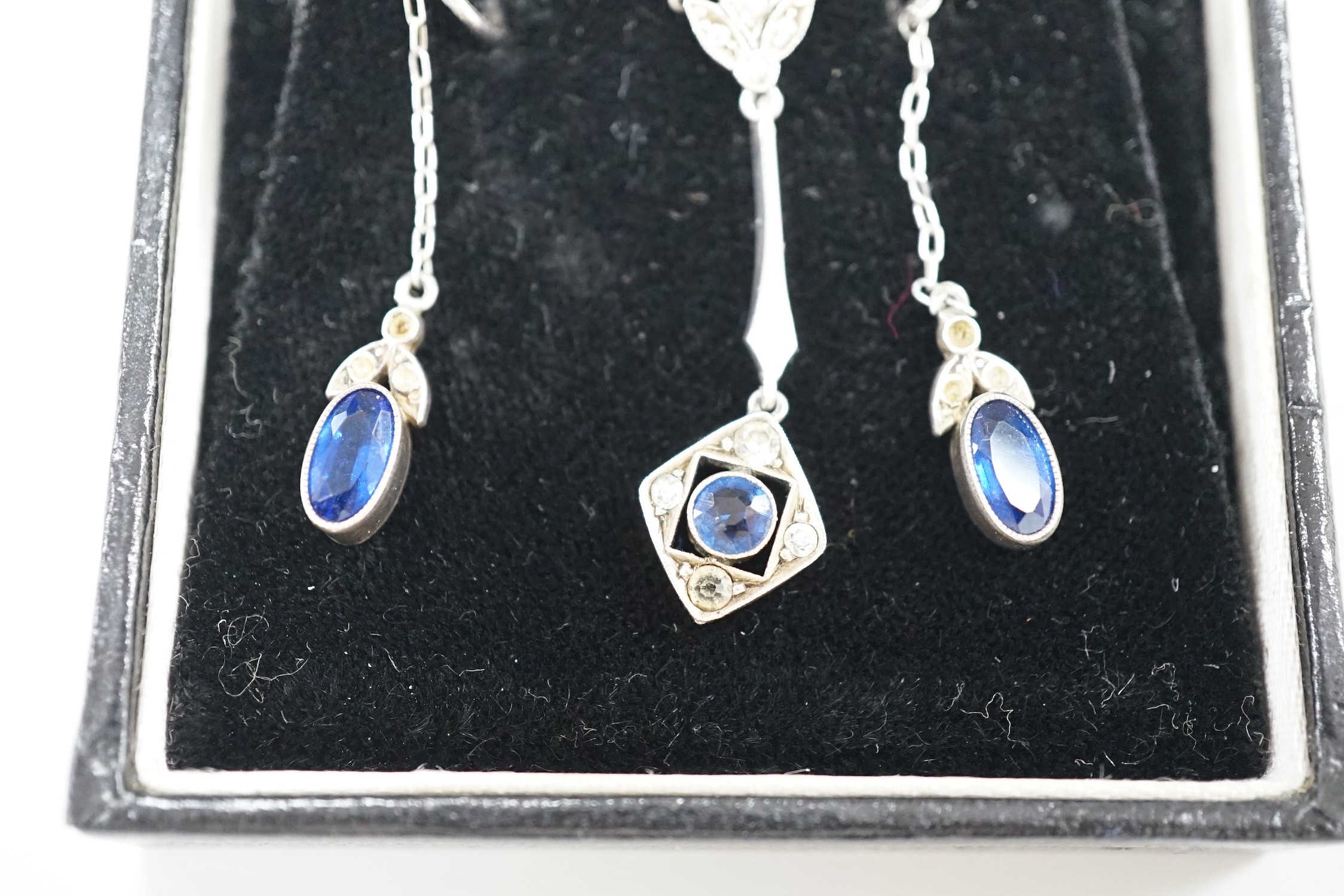 A 1920's? continental 935 white metal and two colour paste set pendant necklace, 49cm and a pair of matching drop earrings.